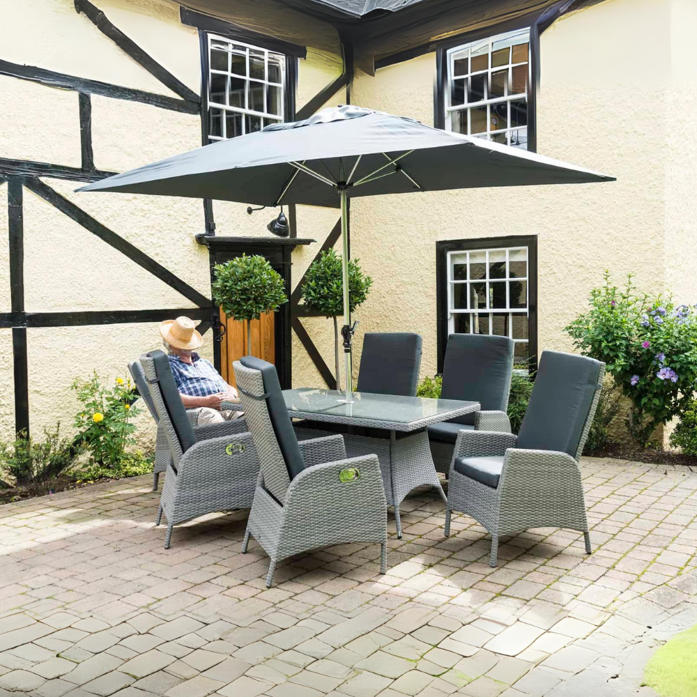 Sandringham/Chatsworth 6 Reclining Armchair Dining Set with 6 chairs, 1.5m x 90cm Rectangular Table, 3m x 2m Parasol & 20kg