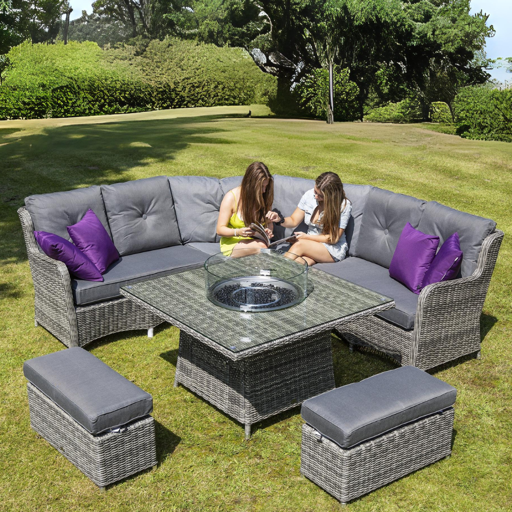 Seville Large Corner set with 120 x 120 Table with Firepit & 2 Footstools