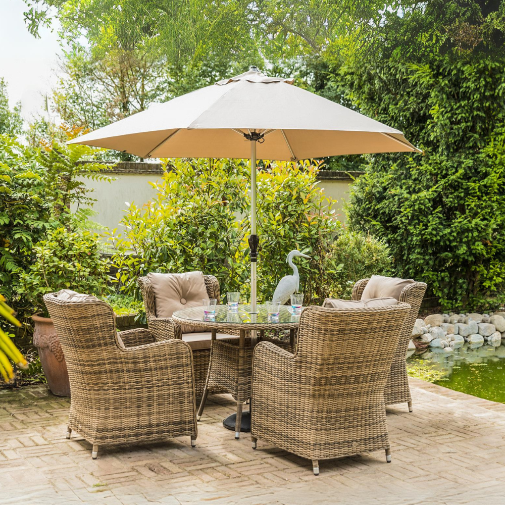 Seville 4 Armchair Dining Set with 1.1m Round Table with 2.5m Parasol & 15kg Base