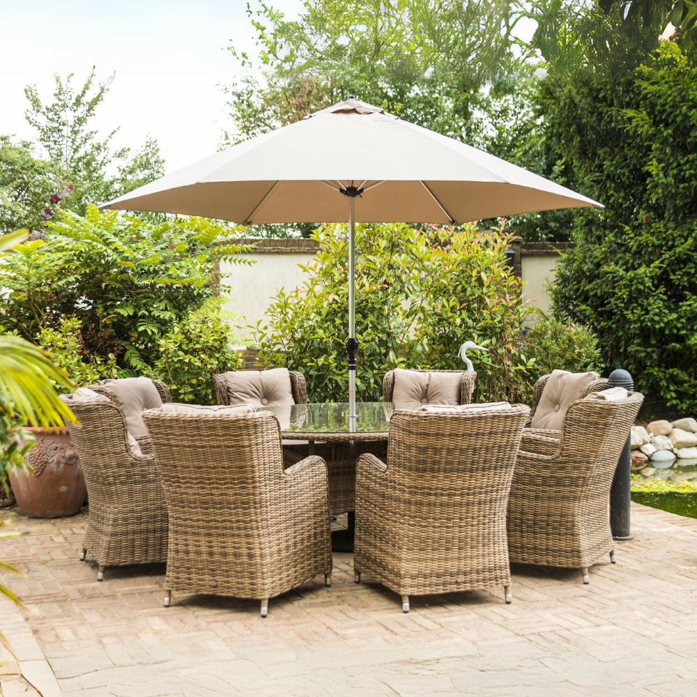 Seville 8 Armchair Dining Set with 1.7m Round Table with 3m Parasol & 20kg Base