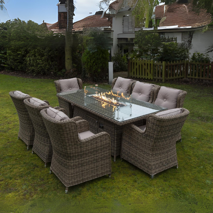 Seville 8 Armchair Dining Set with 2m x 1m Rectangular Table with Firepit, 3m x 2m Parasol & 20kg Base