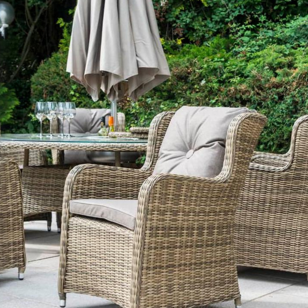 Seville 8 Armchair Dining Set with 1.7m Round Table with 3m Parasol & 20kg Base