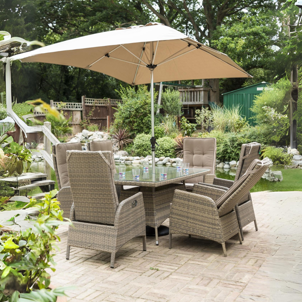 Sandringham/Chatsworth 6 Reclining Armchair Dining Set with 6 chairs, 1.5m x 90cm Rectangular Table, 3m x 2m Parasol & 20kg