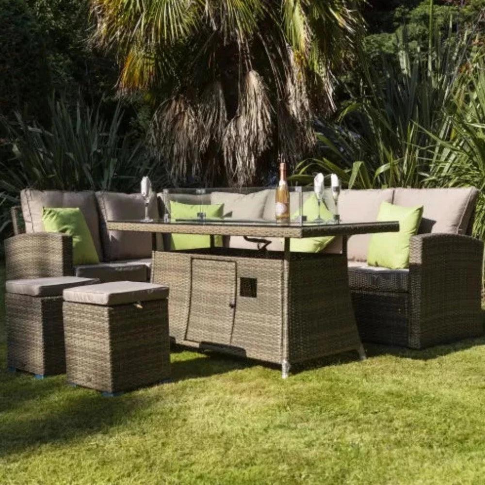 Chatsworth KD Arm High Dining Set with Corner Sofa, Dining Table with Firepit & 2 Footstools