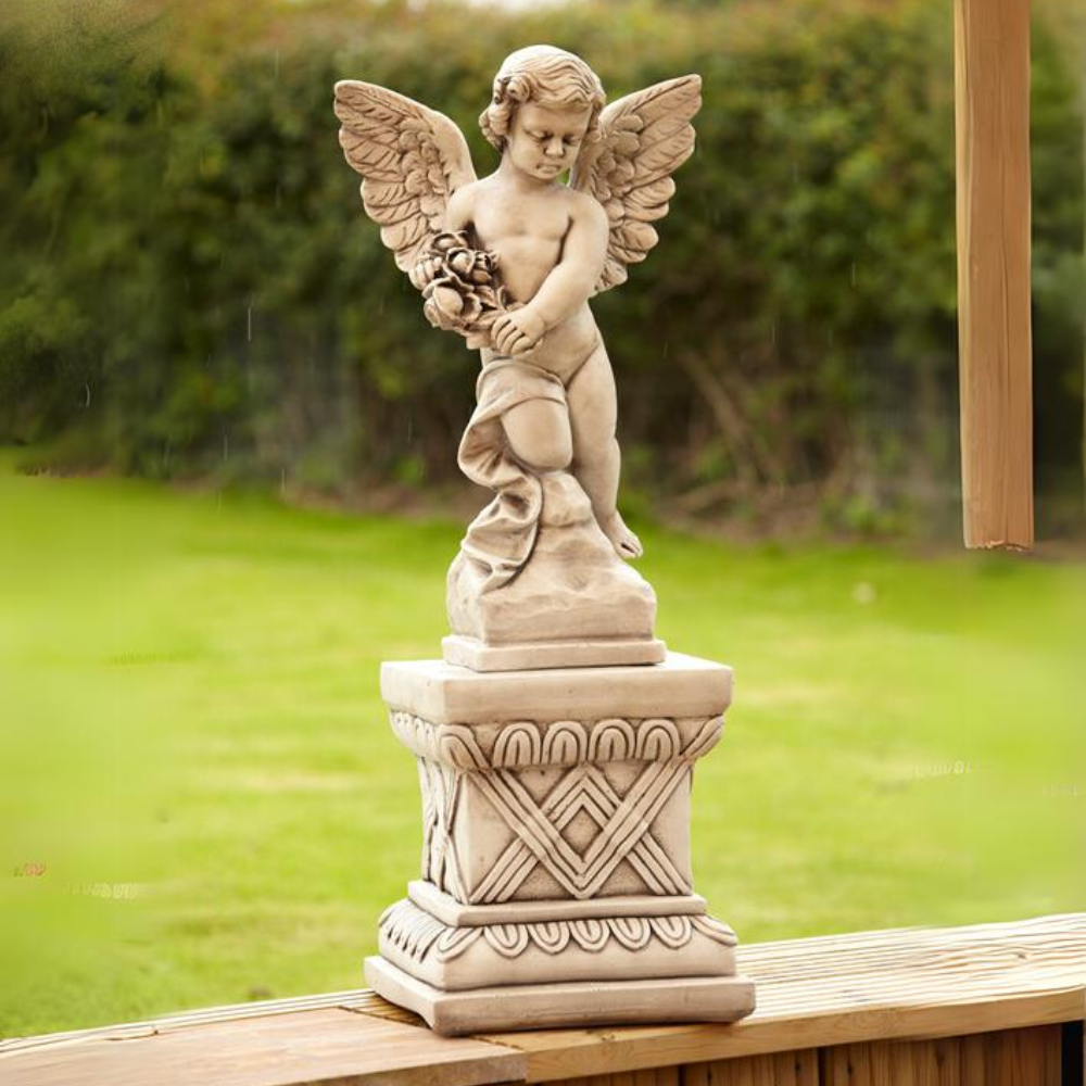 Angel on Plinth  Stone Statue Garden Ornament Decoration