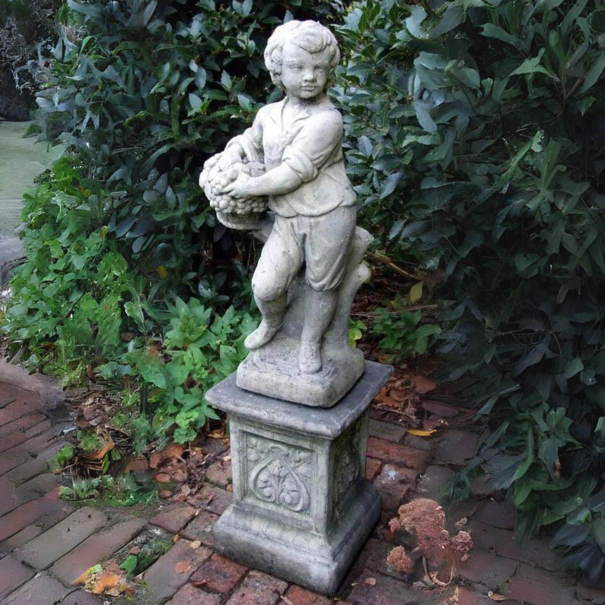 Autumn Boy on Emblem Plinth Stone Garden Statue