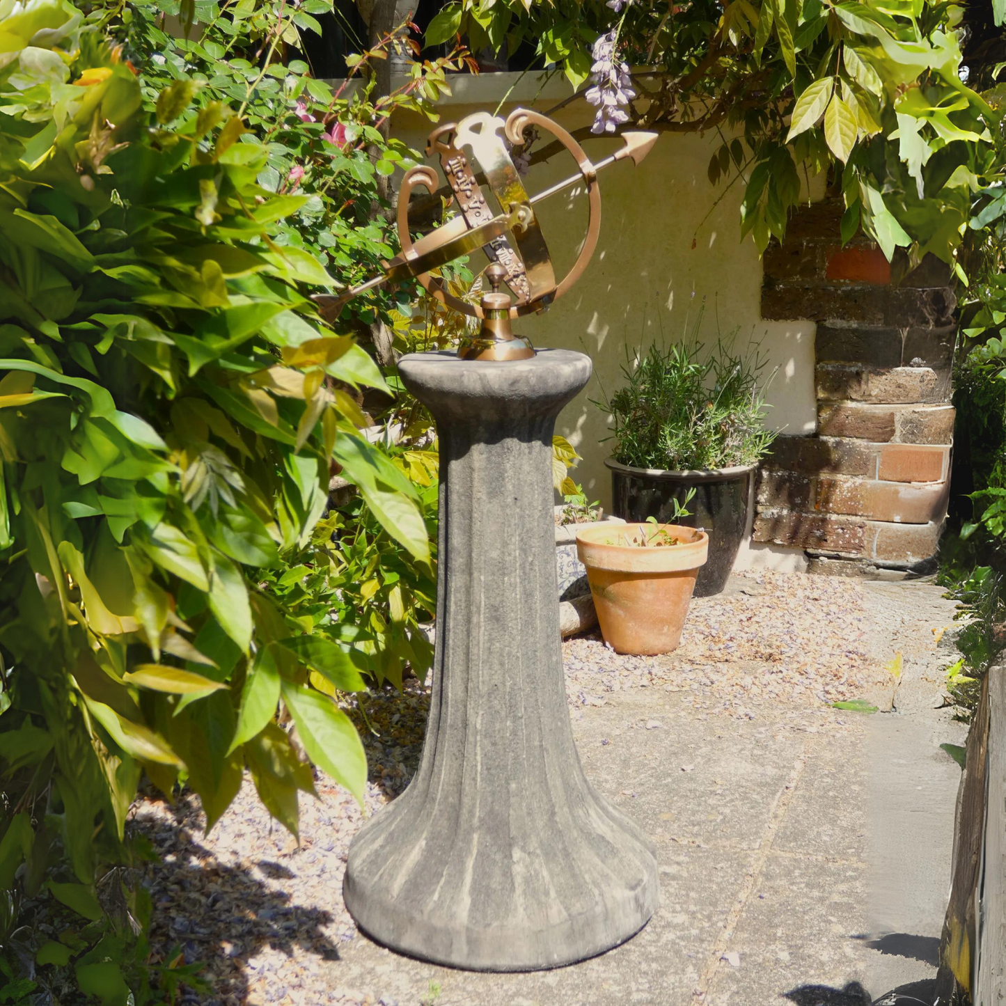 Fluted Armillary Stone & Brass Garden Ornament