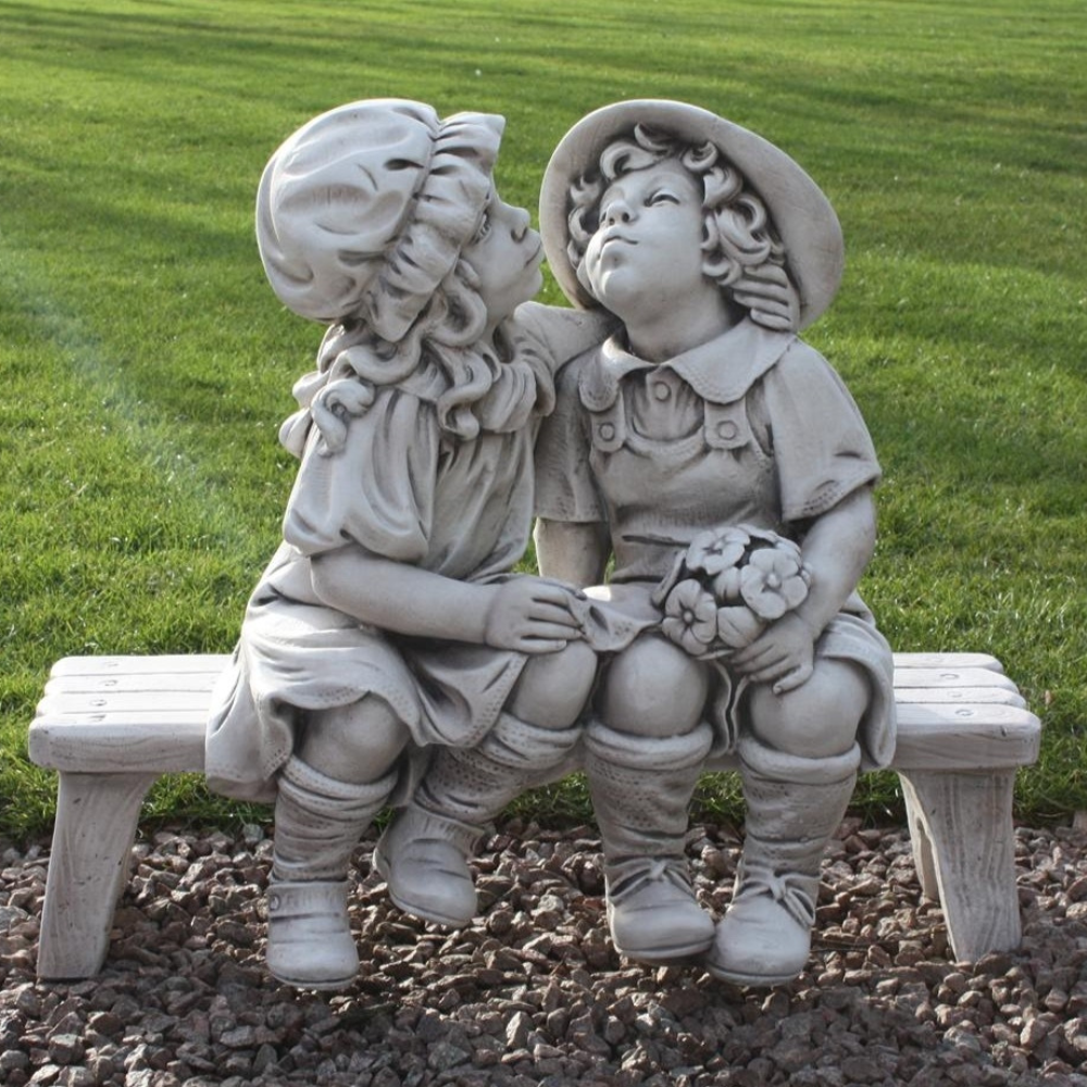 Kissing Boy & Girl On Bench Statue Garden Ornament