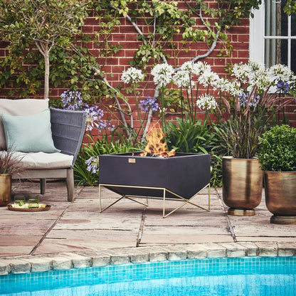 Outdoor Gemini Fire Pit with Geometric Frame in Matt Black and Antique Gold