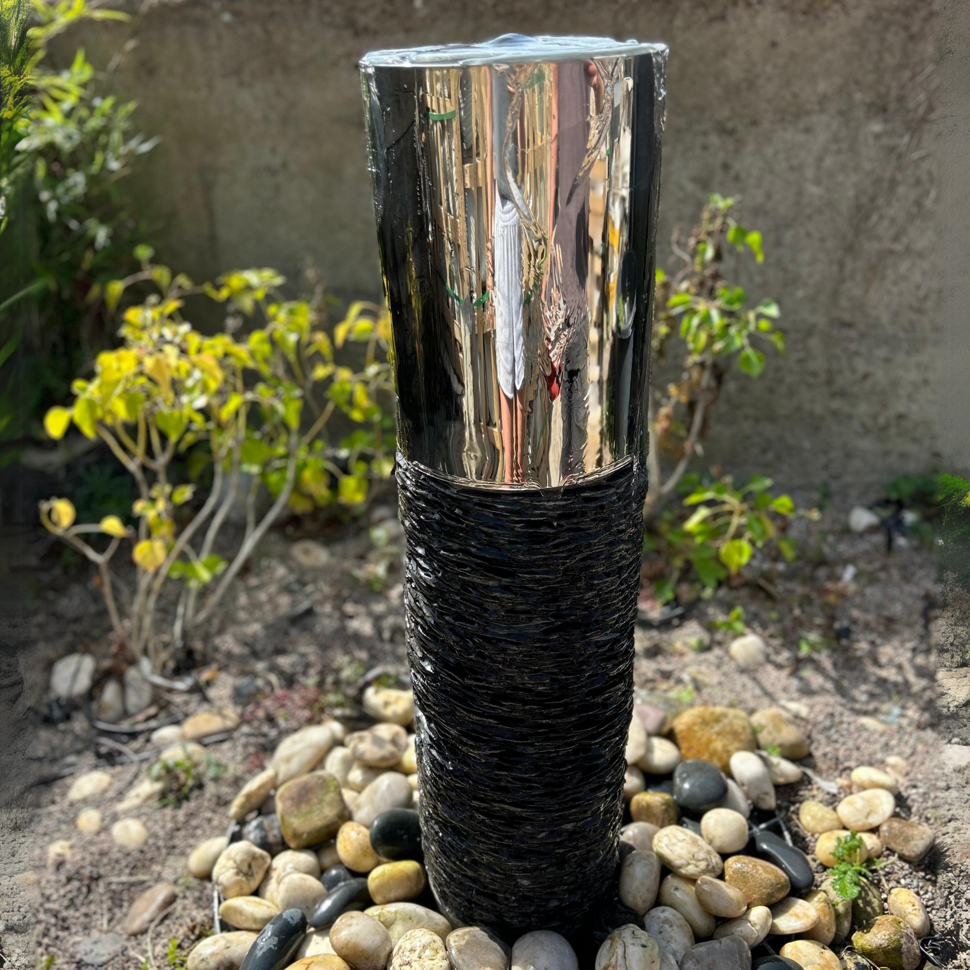 Slate Column with Stainless Steel Top Garden Water Feature