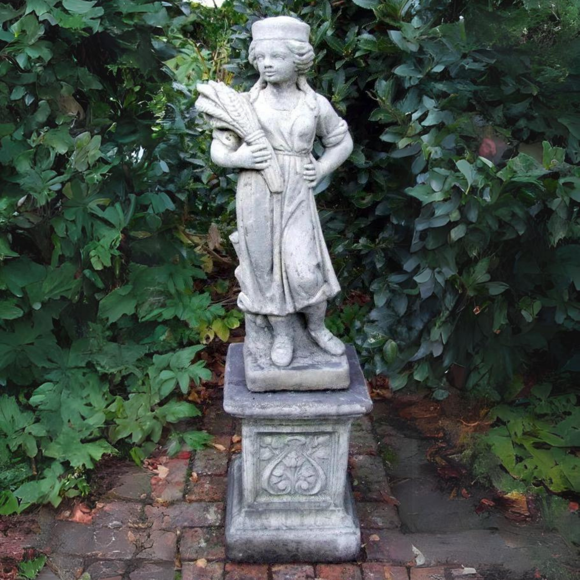 Summer Girl on Emblem Plinth Stone Garden Statue