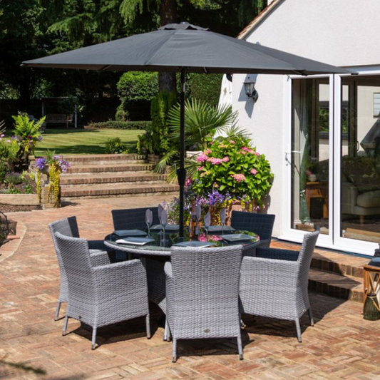 Sandringham/Chatsworth 6 Chair Dining Set with 1.35M Round Table 3M Parasol 20KG Base