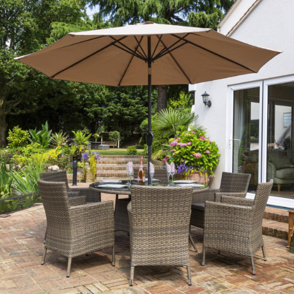 Sandringham/Chatsworth 6 Chair Dining Set with 1.35M Round Table 3M Parasol 20KG Base