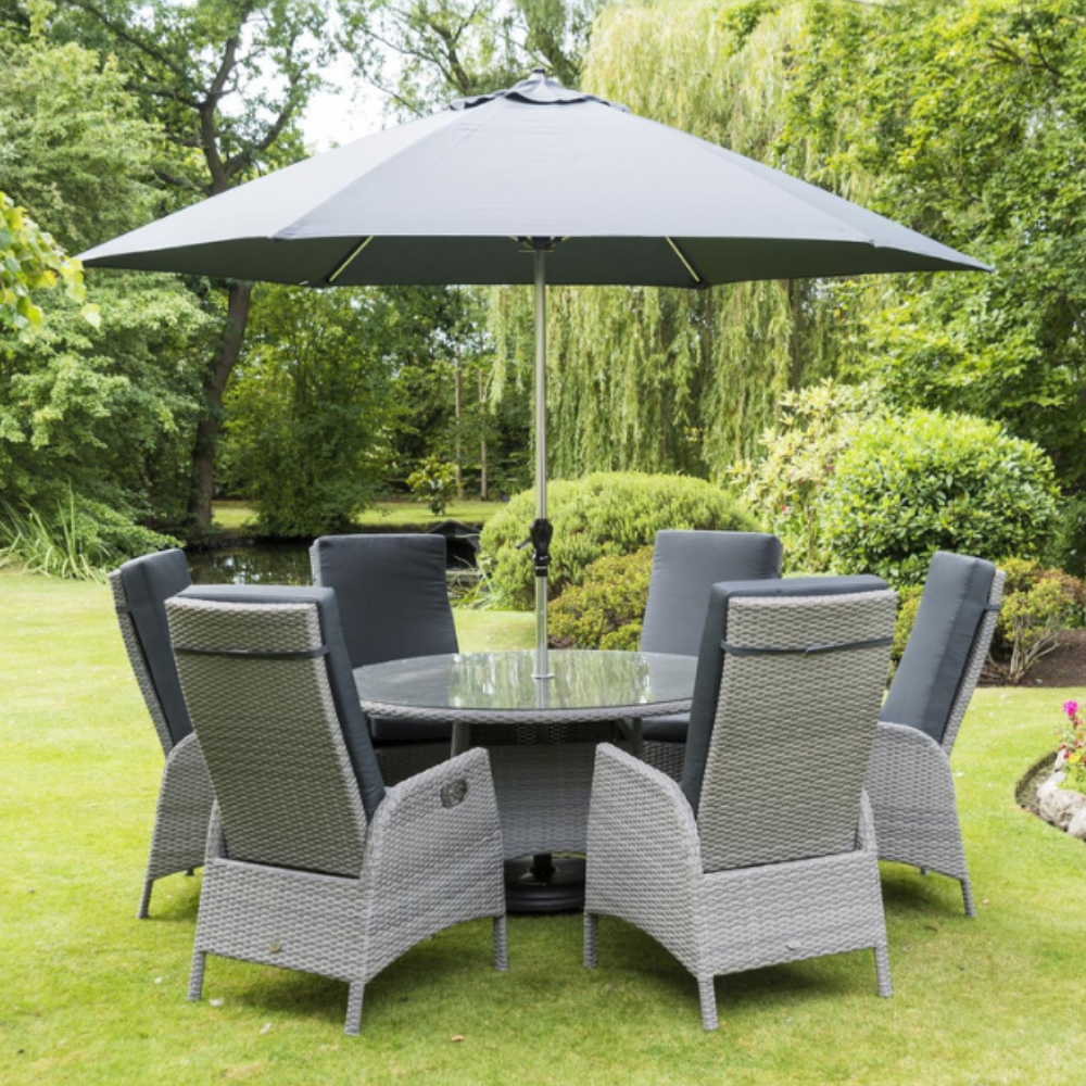 Sandringham/Chatsworth 6 Reclining Armchair Dining Set with 6 Chairs, 1.35m Round Table, 3m Round Parasol & 20kg