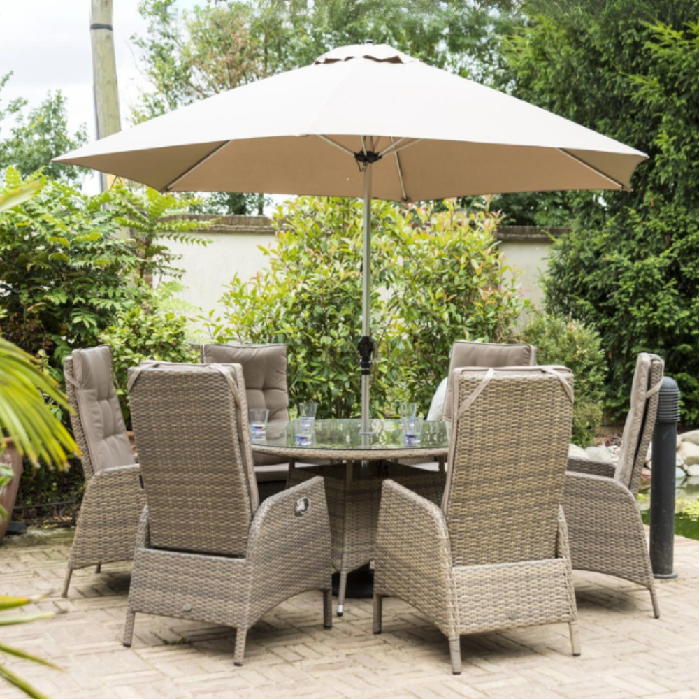 Sandringham/Chatsworth 6 Reclining Armchair Dining Set with 6 Chairs, 1.35m Round Table, 3m Round Parasol & 20kg