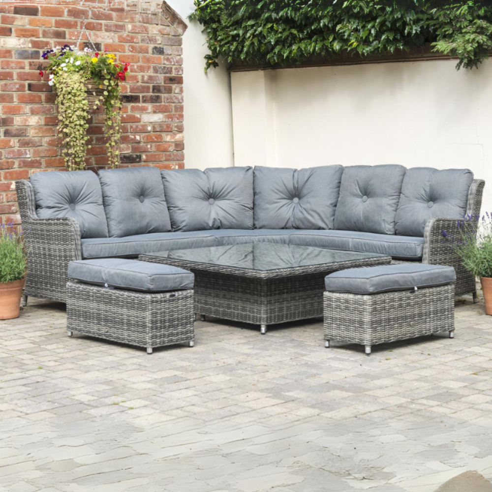 Seville Large Corner Set with + 2 Footstools + 120 X 120cm High/ Low Table - Grey / Pepper Grey