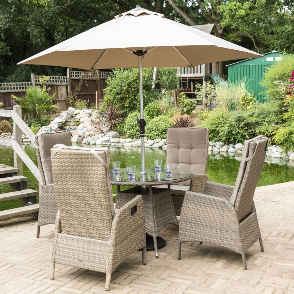 Sandringham/Chatsworth 4 Reclining Armchair Dining Set with 4 Chairs, 1.2m Round Table, 2.5m Round Parasol & 15kg