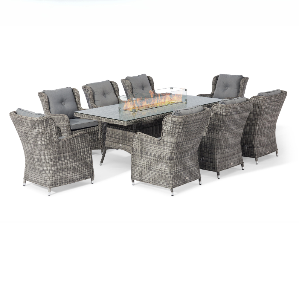 Seville 8 Armchair Dining Set with 2m x 1m Rectangular Table with Firepit, 3m x 2m Parasol & 20kg Base