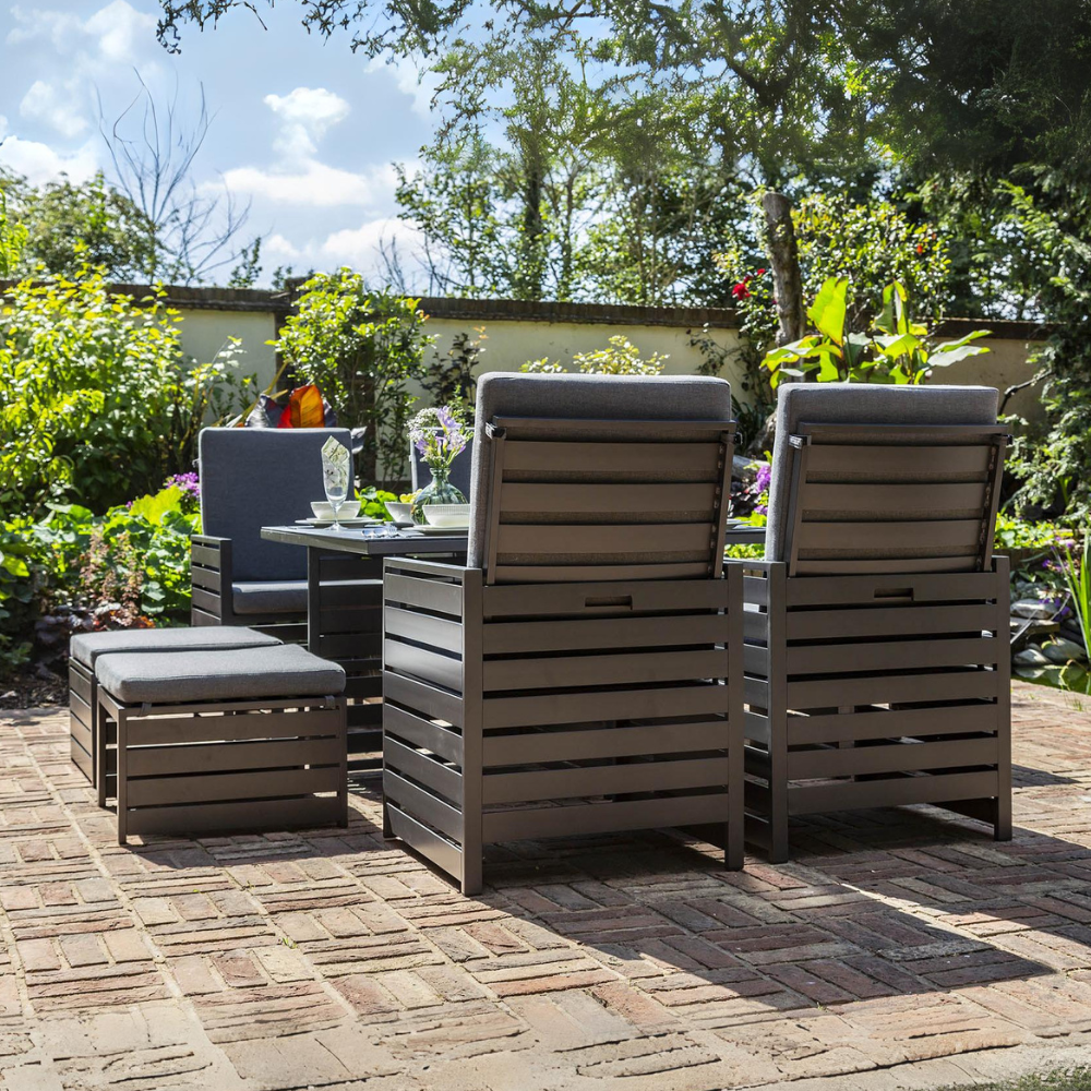 Ashbury Cube Set with 128cm x 128cm High Dining Table, 4 Chairs + 4 Footstools - Grey / Grey