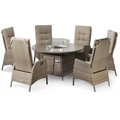 Sandringham/Chatsworth 6 Reclining Armchair Dining Set with 6 Chairs, 1.35m Round Tablewith Firepit, 3m Round Parasol & 20kg Base - Natural/Taupe