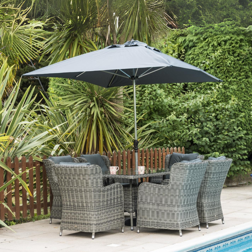 Seville 6 Armchairs Dining Set with 150 x 90cm Table, 3 x 2m Parasol & 20kg Base