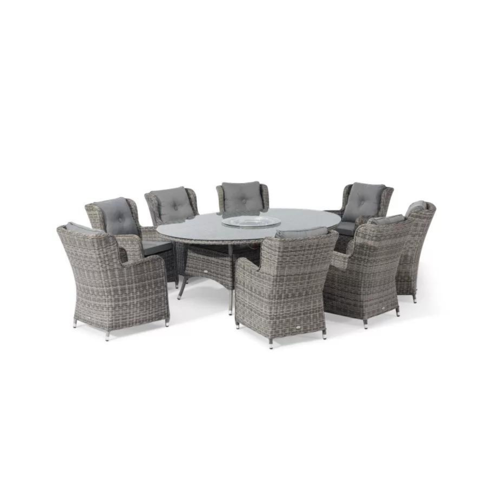 Seville 8 Armchair Dining Set with 2.1m x 1.5m Oval Table with Firepit, 3m Parasol & 20kg Base