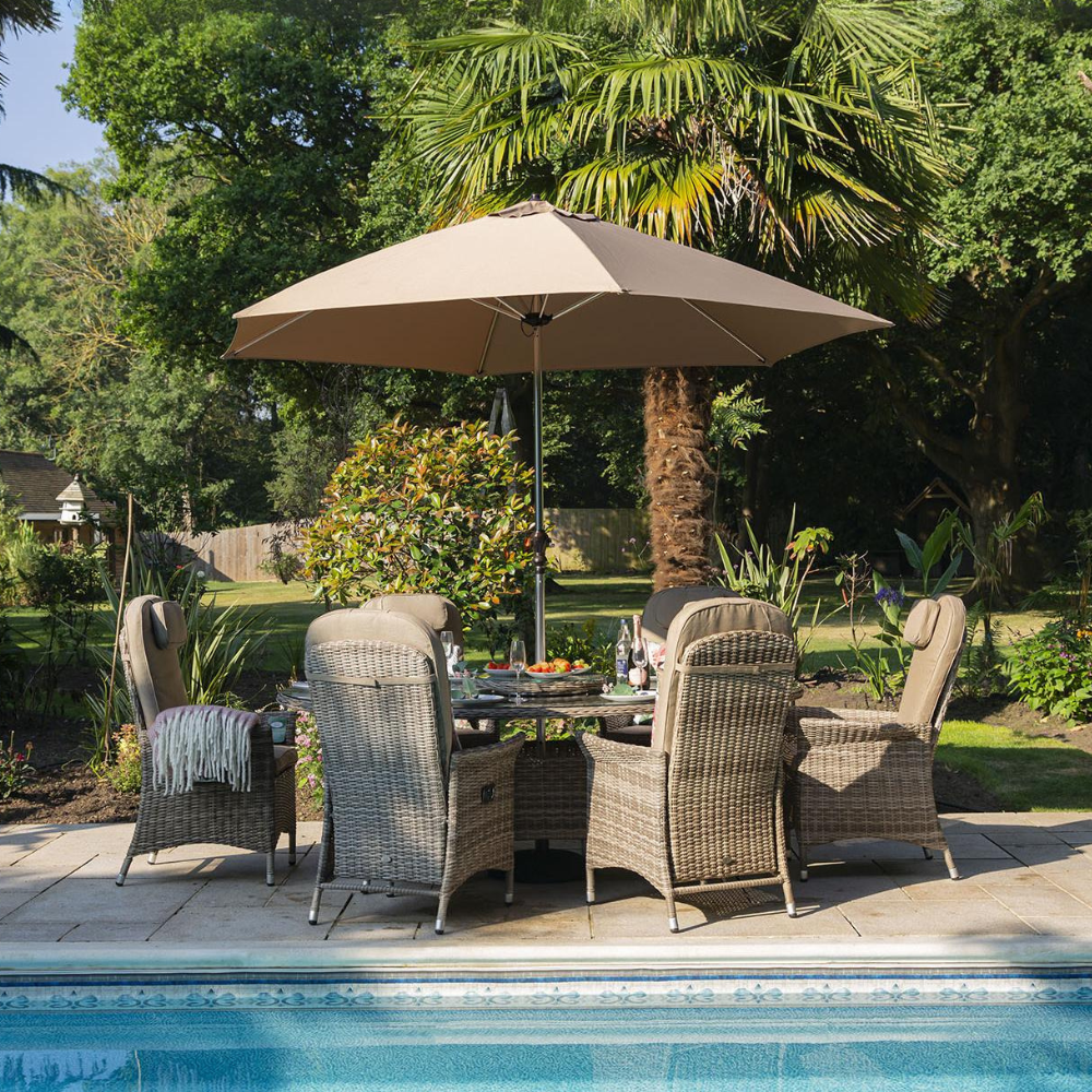 Flamingo 6 Round Back Reclining Chair Dining Set with 1.45m x 2.15m Oval Table, 3m Parasol & 20kg Base