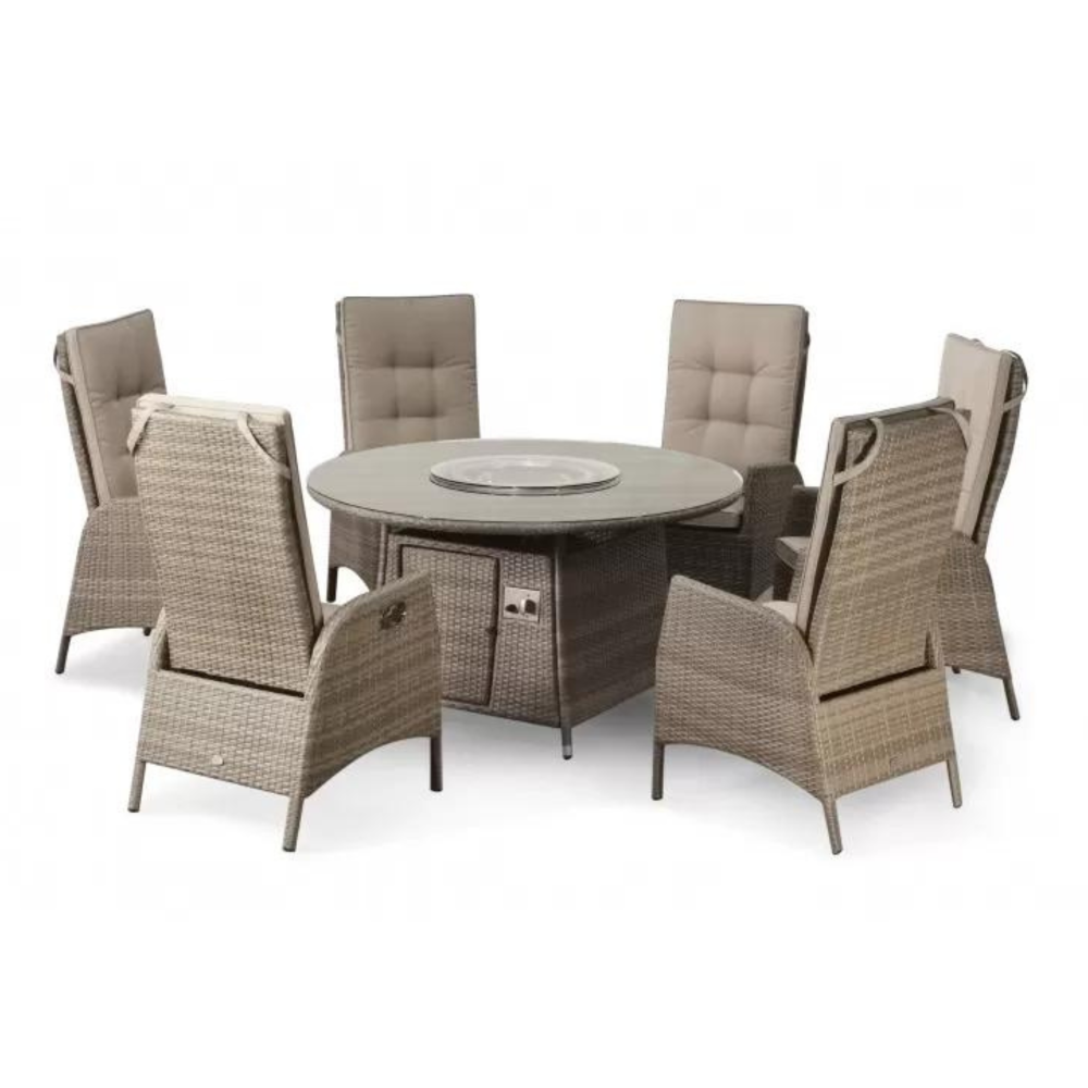 Sandringham/Chatsworth 6 Reclining Armchair Dining Set with 6 Chairs, 1.35m Round Tablewith Firepit, 3m Round Parasol & 20kg Base - Natural/Taupe