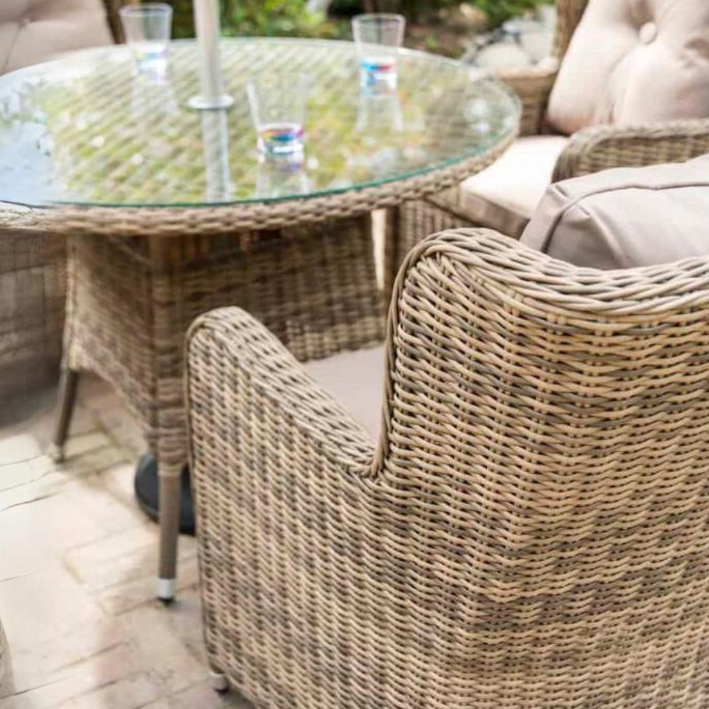 Seville 4 Armchair Dining Set with 1.1m Round Table with 2.5m Parasol & 15kg Base