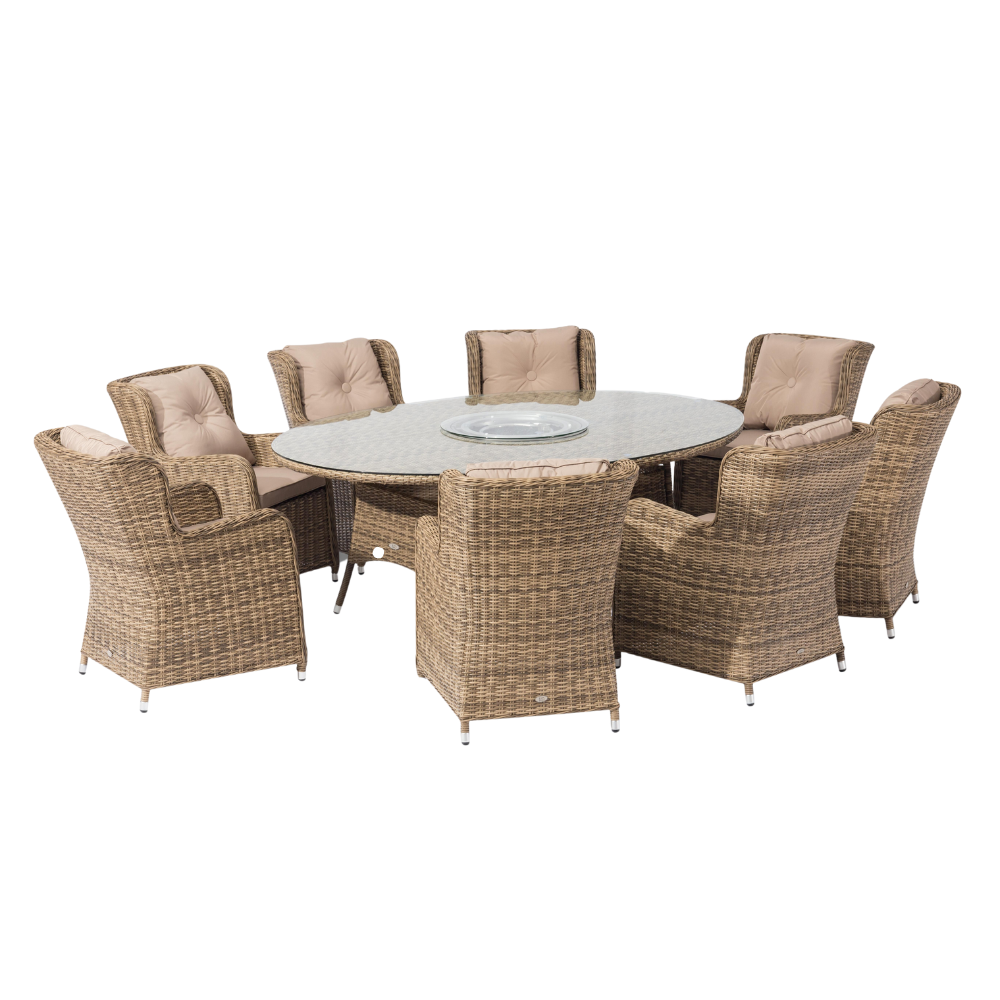 Seville 8 Armchair Dining Set with 2.1m x 1.5m Oval Table with Firepit, 3m Parasol & 20kg Base