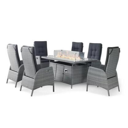 Sandringham/Chatsworth 6 Reclining Armchair Dining Set with 6 chairs, 1.5m x 90cm Rectangular Table with Firepit, 3m x 2m Parasol & 20kg Base - Grey/Grey