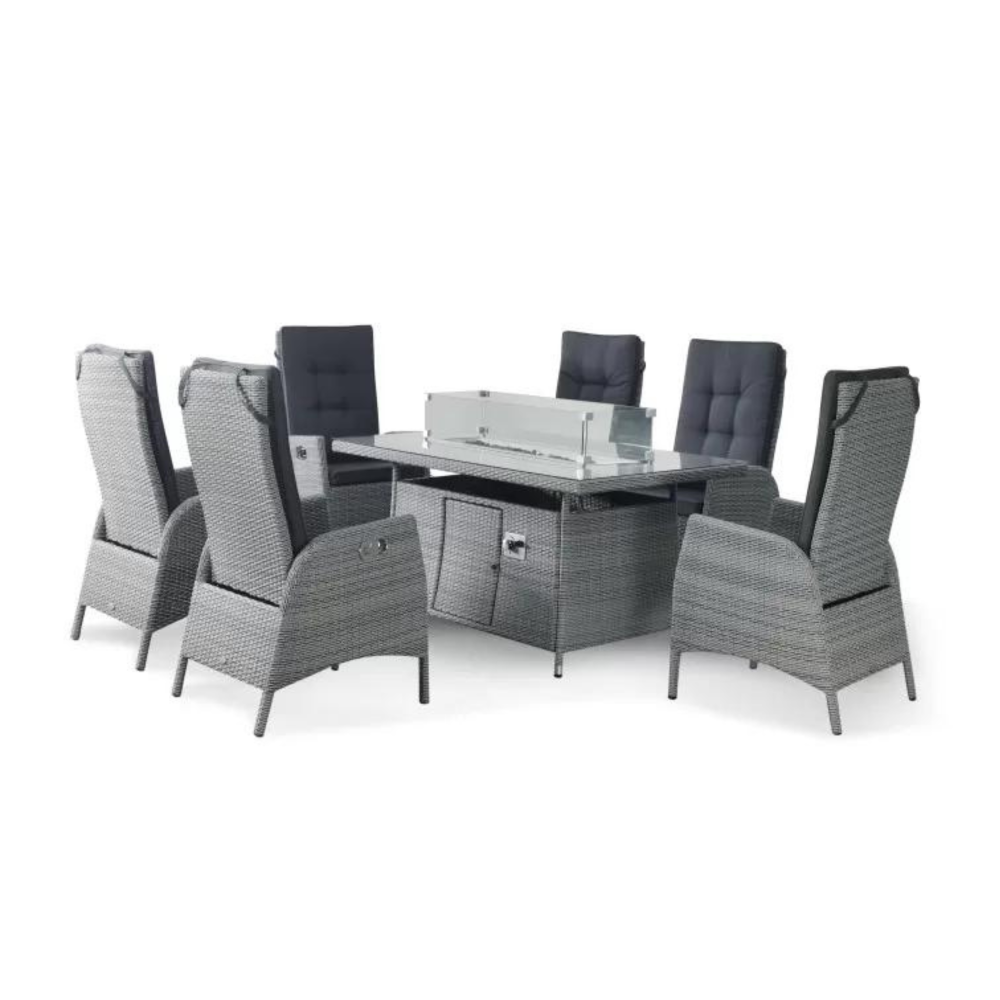 Sandringham/Chatsworth 6 Reclining Armchair Dining Set with 6 chairs, 1.5m x 90cm Rectangular Table with Firepit, 3m x 2m Parasol & 20kg Base - Grey/Grey