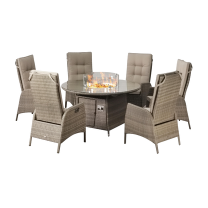 Sandringham/Chatsworth 6 Reclining Armchair Dining Set with 6 Chairs, 1.35m Round Tablewith Firepit, 3m Round Parasol & 20kg Base - Natural/Taupe