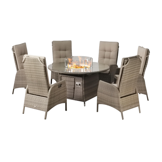 Sandringham/Chatsworth 6 Reclining Armchair Dining Set with 6 Chairs, 1.35m Round Tablewith Firepit, 3m Round Parasol & 20kg Base - Natural/Taupe