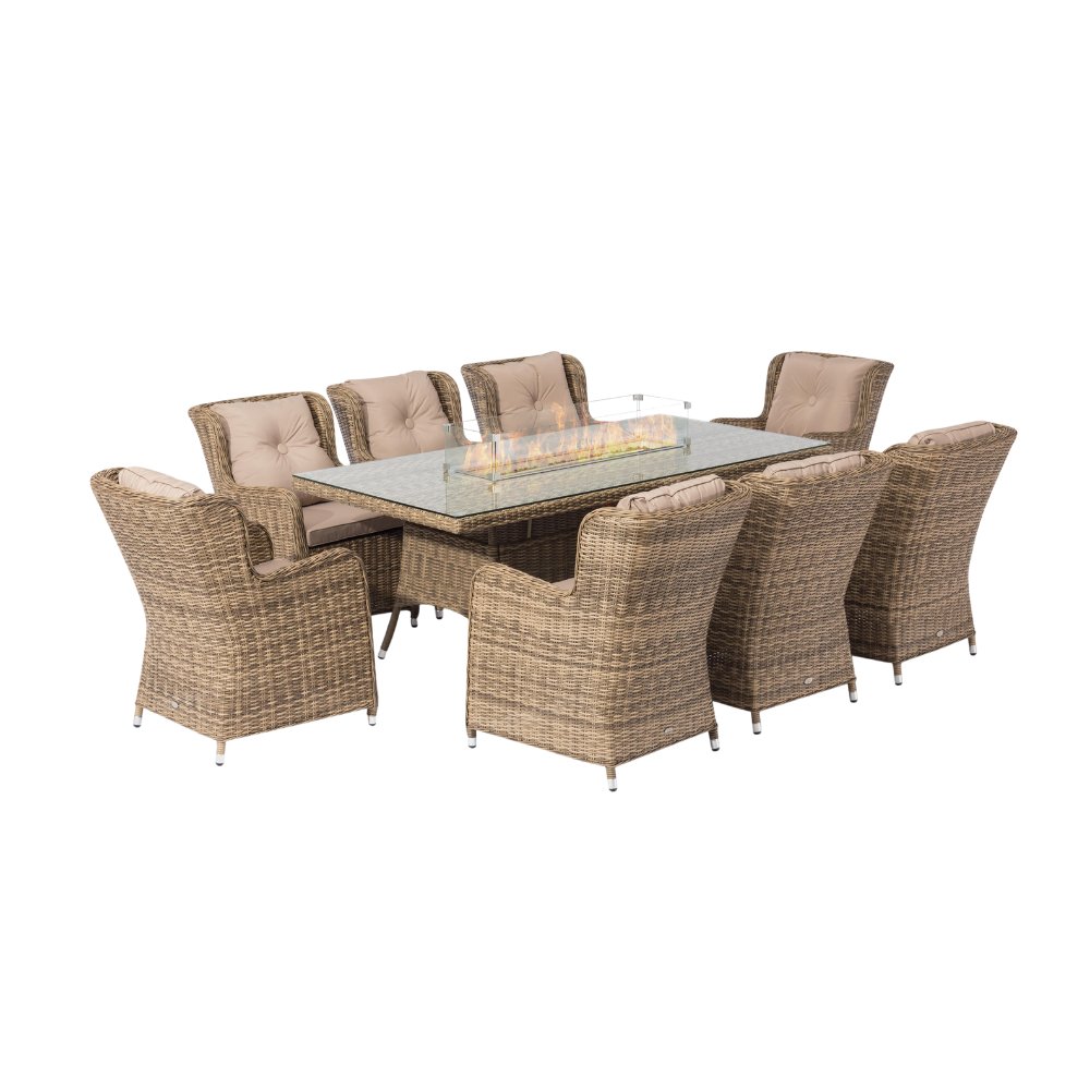 Seville 8 Armchair Dining Set with 2m x 1m Rectangular Table with Firepit, 3m x 2m Parasol & 20kg Base