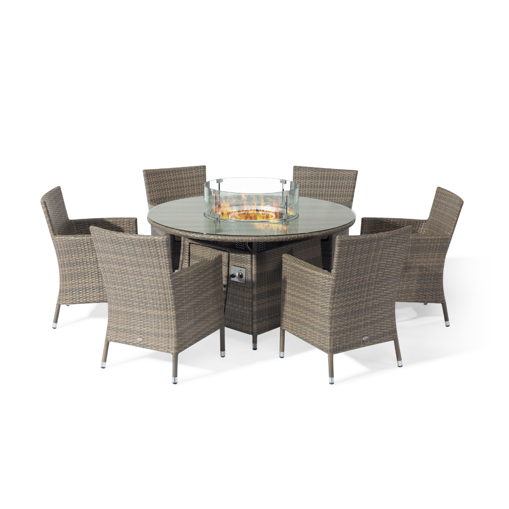 Sandringham/Chatsworth 6 Seat Dining Set with 6 chairs, 1.35m Round Table with Firepit, 3m Parasol & 20kg Base - Natural/Taupe