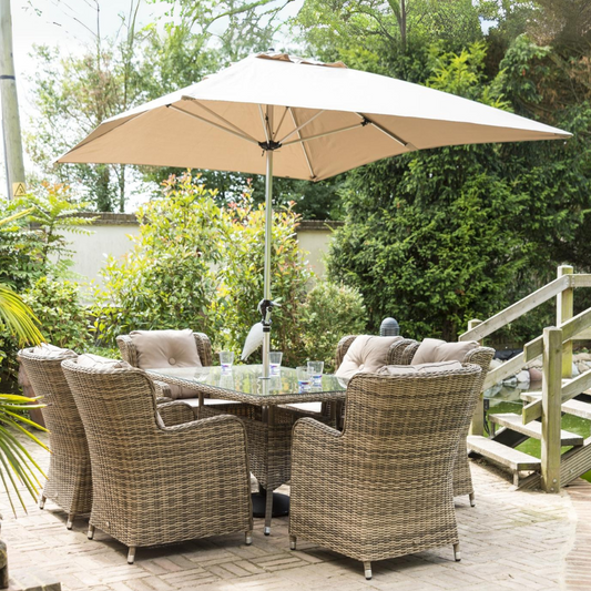 Seville 6 Armchairs Dining Set with 150 x 90cm Table, 3 x 2m Parasol & 20kg Base