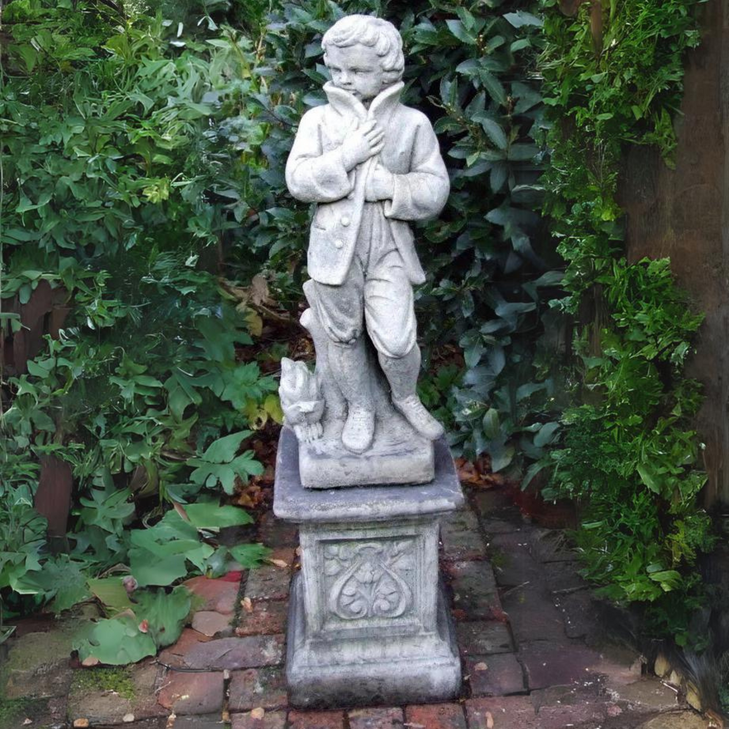 Winter Boy on Emblem Plinth Stone Garden Statue