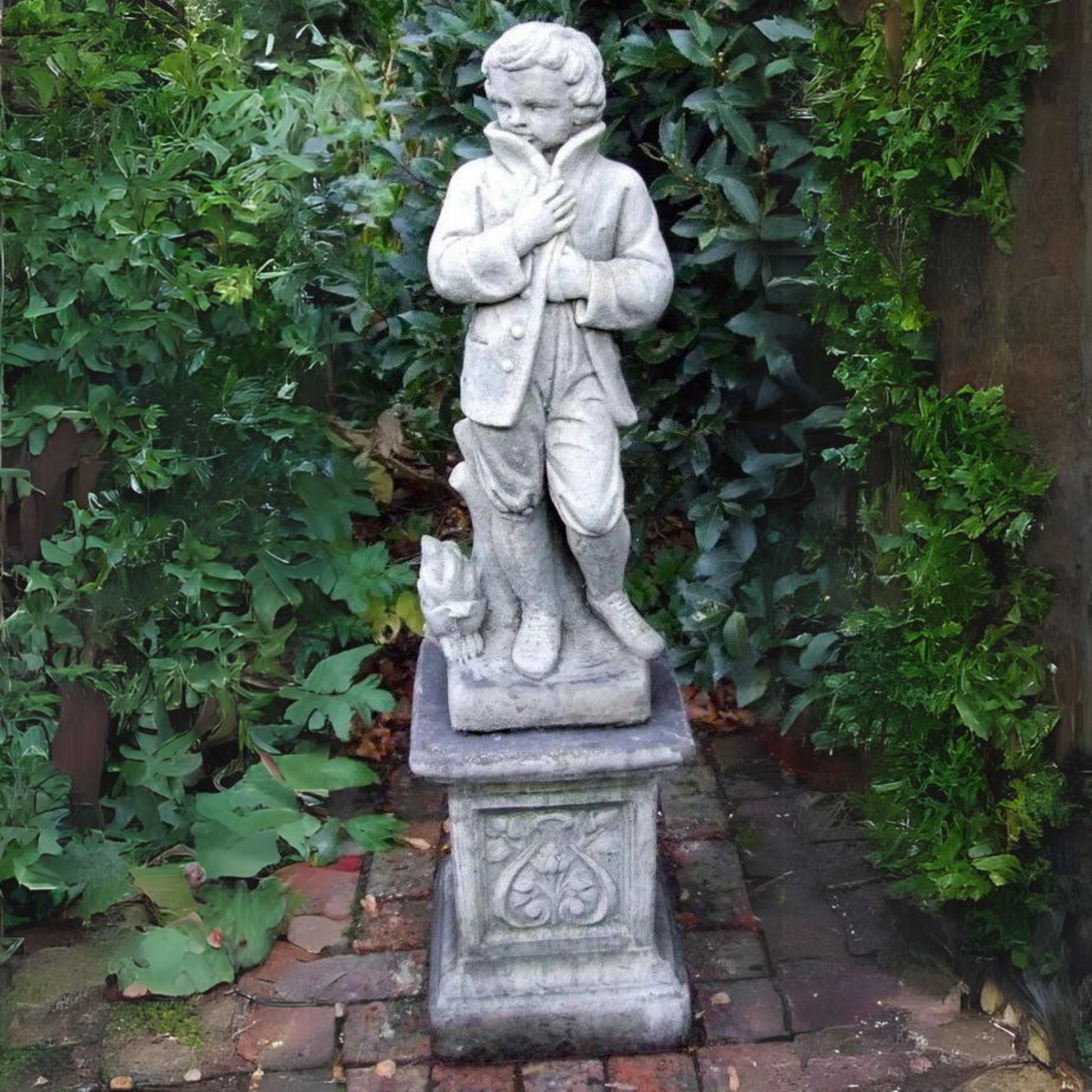 Winter Boy on Emblem Plinth Stone Garden Statue